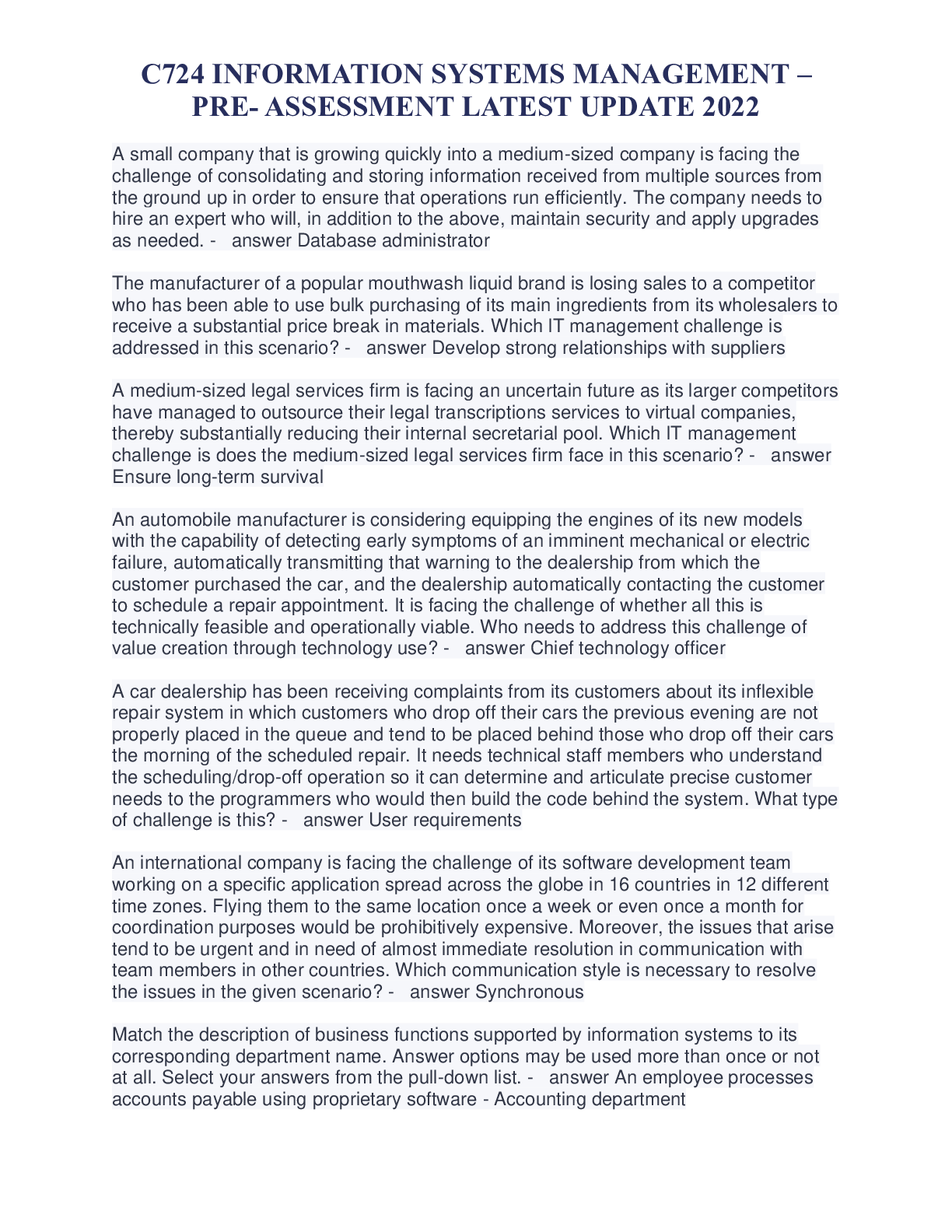 Preview of C724 INFORMATION SYSTEMS MANAGEMENT – PRE- ASSESSMENT LATEST UPDATE 2022.